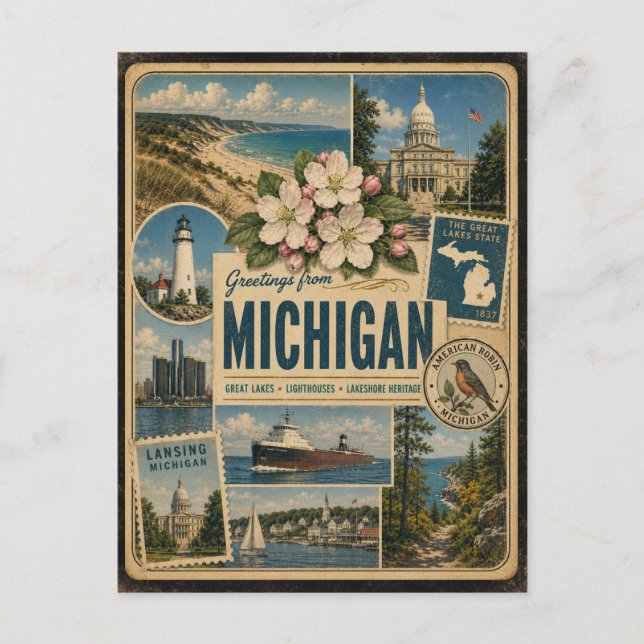 Michigan Äkta Vintag Stil Vykort (Framsida)