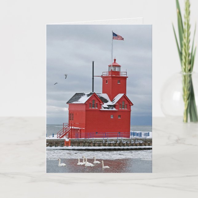 Michigan Big Red Lighthouse med Svanar Helgkort (Framsida)
