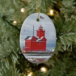 Michigan Big Red Lighthouse med Svanar Julgransprydnad Keramik