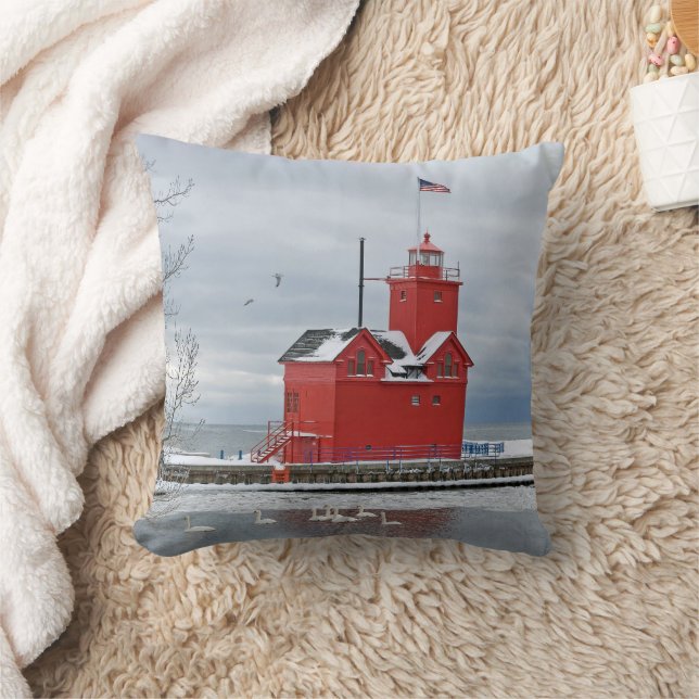 Michigan Big Red Lighthouse med Winter Svanar Kudde (Filt)