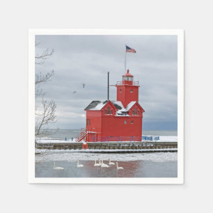 Michigan Big Red Lighthouse med Winter Svanar Pappersservett