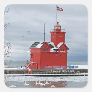 Michigan Big Red Lighthouse Winter Svanar Fyrkantigt Klistermärke