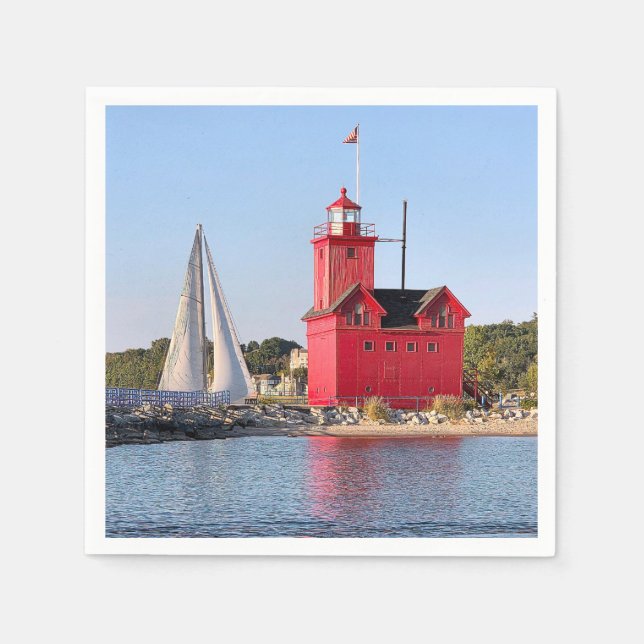 Michigan Big Red Lighthouse With Sailboat Pappersservett (Framsidan)