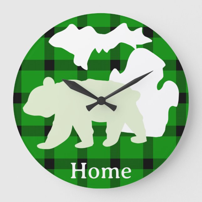 Michigan Björn Hem i Buffalo Plaid Stor Klocka (Framsida)