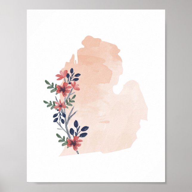 Michigan Blommigt Watercolor State Poster (Framsidan)