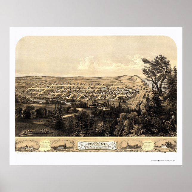 Michigan City, IN Panoramic Karta - 1869a Poster (Framsidan)