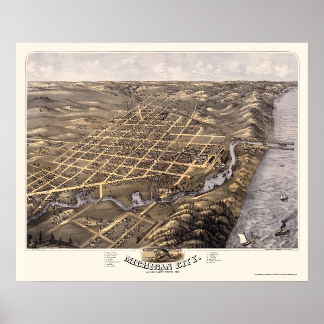 Michigan City, IN Panoramic Karta - 1869b Poster (Framsidan)