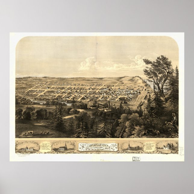 Michigan City Indiana 1869 Antique Panoramic Karta Poster (Framsidan)