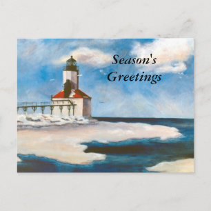 Michigan City Light Season's Greetings Postcard Helg Vykort