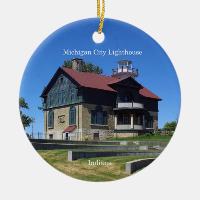 Michigan City Lighthouse-cirkelornament Julgransprydnad Keramik (Framsidan)