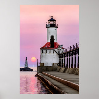 Michigan City Lighthouse och Sundown Sailboat Poster