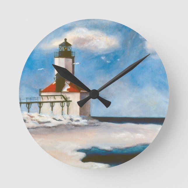 Michigan City Lighthouse Wall Clock Rund Klocka (Framsida)