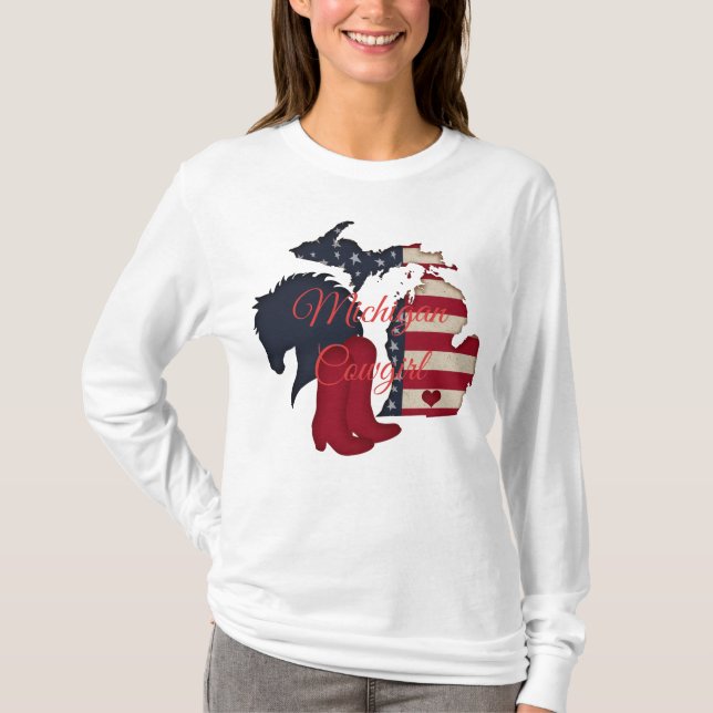Michigan Cowgirl | Patriotic Michigan Horse Boots T Shirt (Framsida)