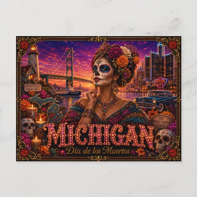 Michigan Día de los Muertos Retro Vykort (Framsida)