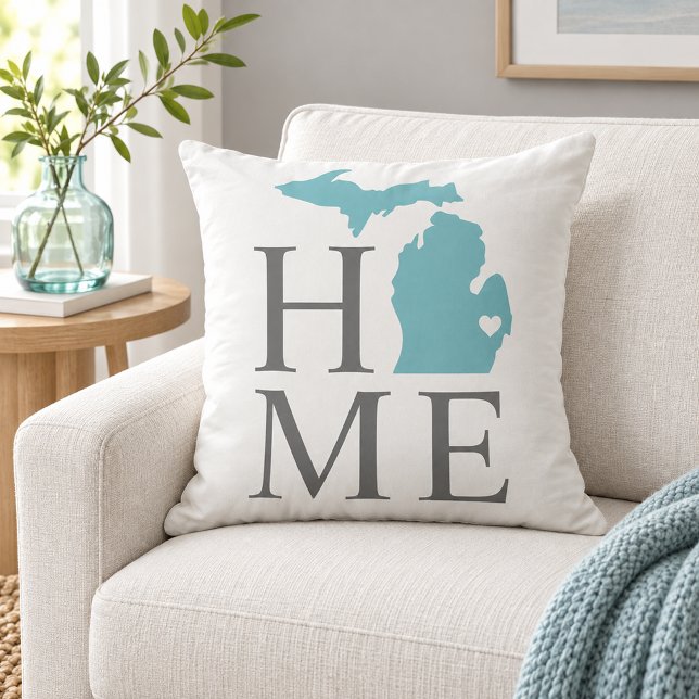 Michigan Hem Aqua Stat Grå Text Kudde (Skapare uppladdad)