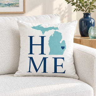 Michigan Hem Aqua Stat Navy Text Kudde