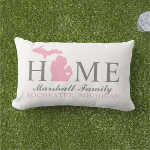 Michigan Hem Rosa Stat Grå Familj Monogram Lumbarkudde