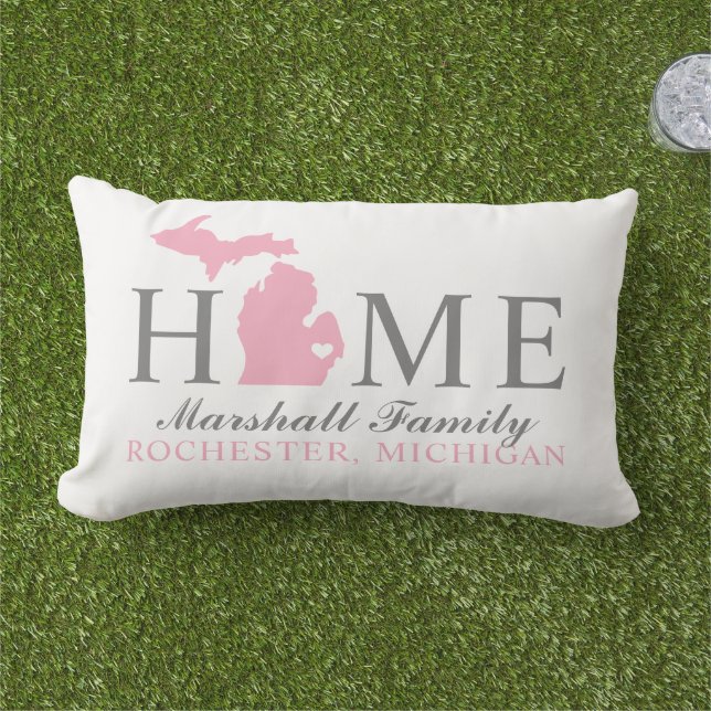 Michigan Hem Rosa Stat Grå Familj Monogram Lumbarkudde (Gräs)