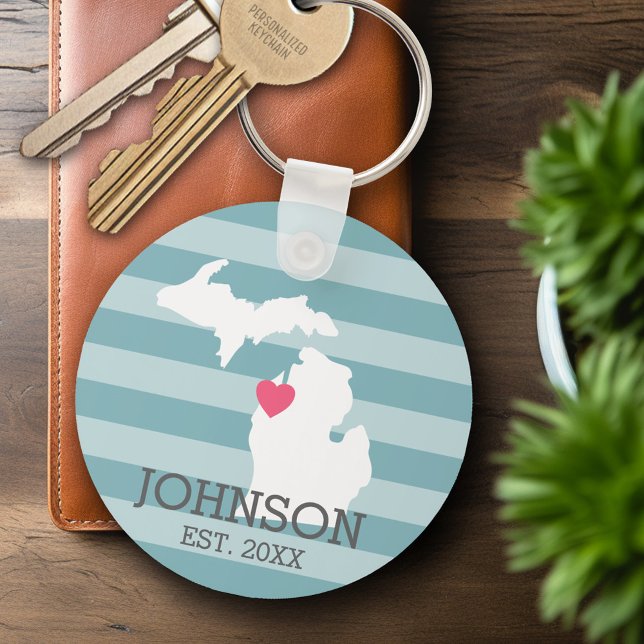 Michigan Hemstat Stadskarta - Anpassad Bröllop Nyckelring (Personalized Keychain - Michigan Wedding)