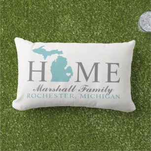 Michigan Home Aqua Grå Familj Monogram Lumbarkudde
