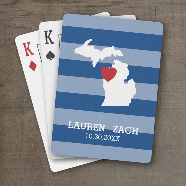 Michigan Home State City Karta - Personligt bröllp Casinokort (Personalized Playing Cards with a State Map, Movable Heart and Name)