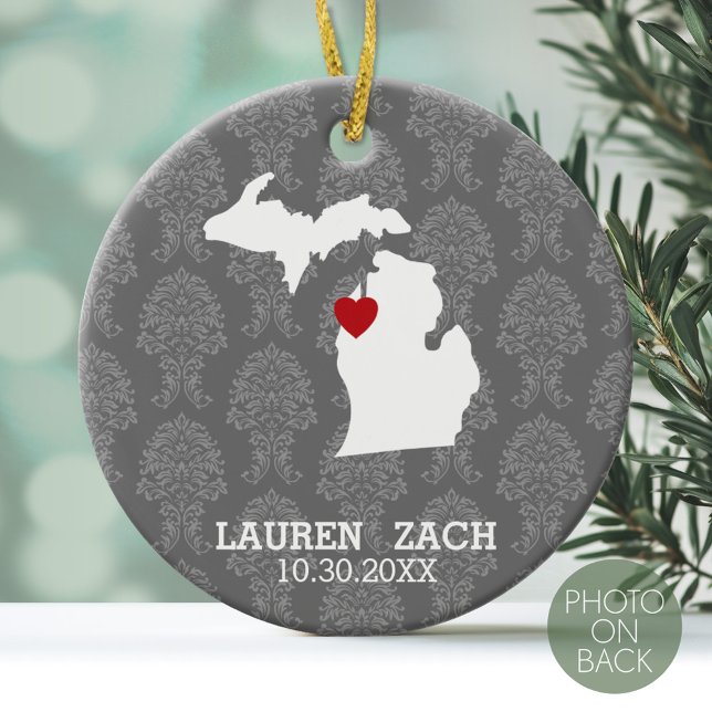 Michigan Home State City Karta - Personligt bröllp Julgransprydnad Keramik (Personalized Photo Ornament)