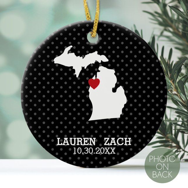 Michigan Home State City Karta - Personligt bröllp Julgransprydnad Keramik (Personalized Photo Ornament)