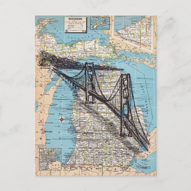 Michigan Karta Art Vykort (Framsida)