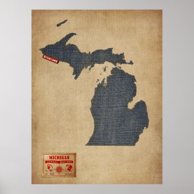 Michigan Karta Denim Jeans Stil Poster (Framsidan)