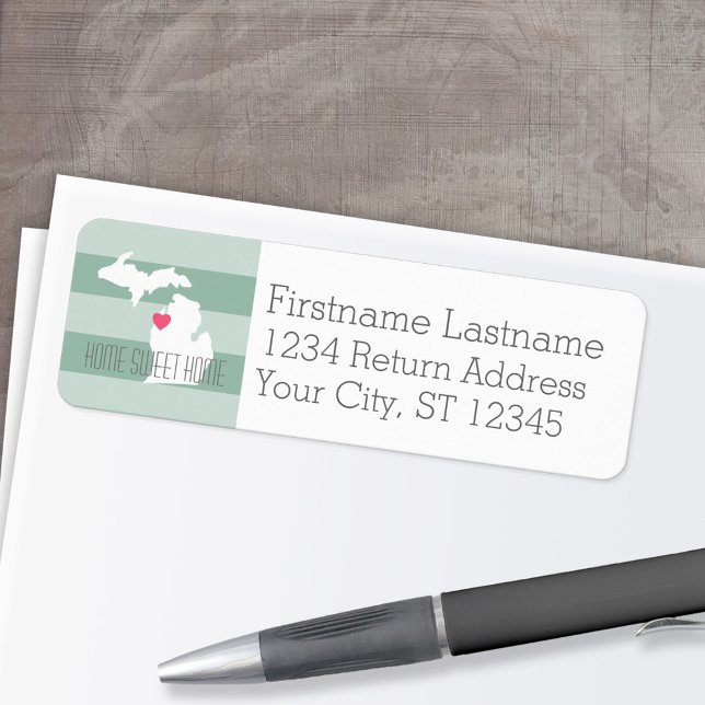 Michigan Karta Home State Kärlek med Anpassningsba Returadress Etikett (Personalized Mailing Label with Return Address and State Map - Low Minimum)