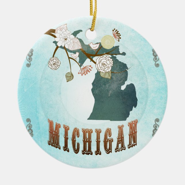 Michigan karta med älskvärda fåglar julgransprydnad keramik (Framsidan)