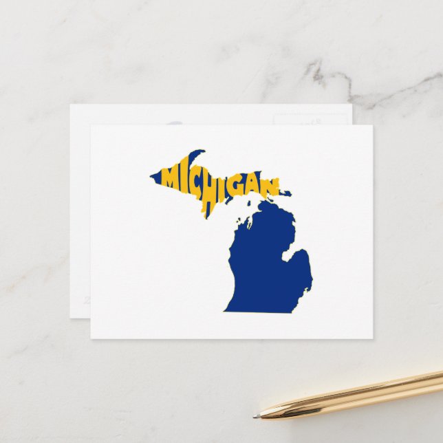 Michigan Karta Shaped Ord Art Wolverine State Blue Vykort (Fram/Back In Situ)