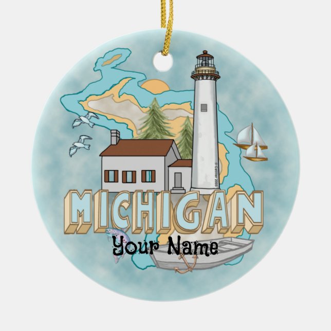 Michigan Lighthouse personlig namnprydnad Julgransprydnad Keramik (Framsidan)