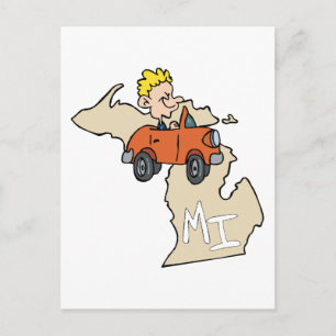 Michigan MI Karta & Car Tecknad Art Motto Vykort