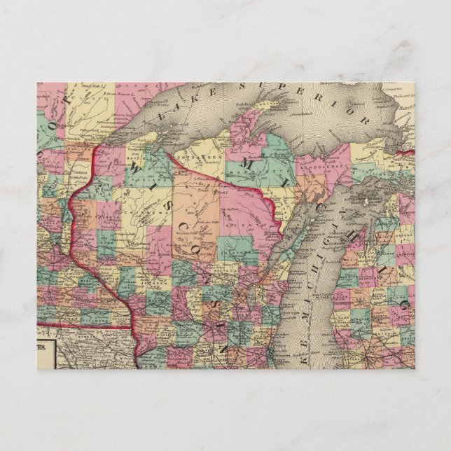 Michigan, Minnesota och Wisconsin Vykort (Framsida)