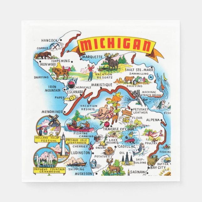 Michigan Postcard Map  Pappersservett (Framsidan)