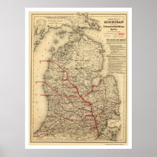 Michigan Railroad Tåg Karta 1886 Poster