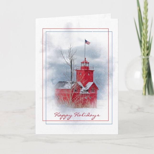Michigan Red Lighthouse i Snö Helgdag Card Helgkort (Framsida)