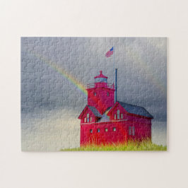 Michigan Red Lighthouse med regnbåge Pussel