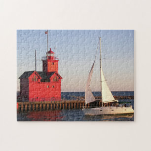 Michigan Red Lighthouse med segelbåt Pussel