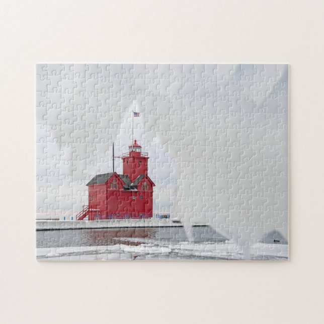 Michigan Red Lighthouse på Winter Pussel (Horisontell)
