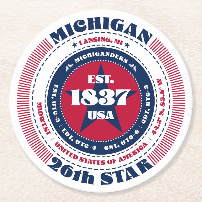 Michigan Rött vitt blått Typography Underlägg Papper Rund (Framsidan)