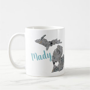 Michigan Shape med Namn & Grått Blue Poppy Blommi Kaffemugg