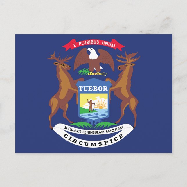 Michigan State Flag Great Lakes State Sigill Älg Vykort (Framsida)