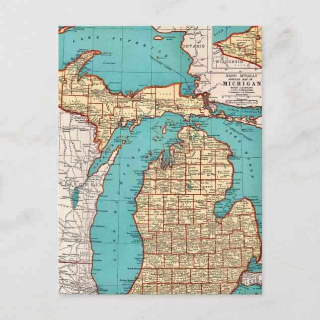 Michigan State Gammal Karta Postkort Vykort (Framsida)