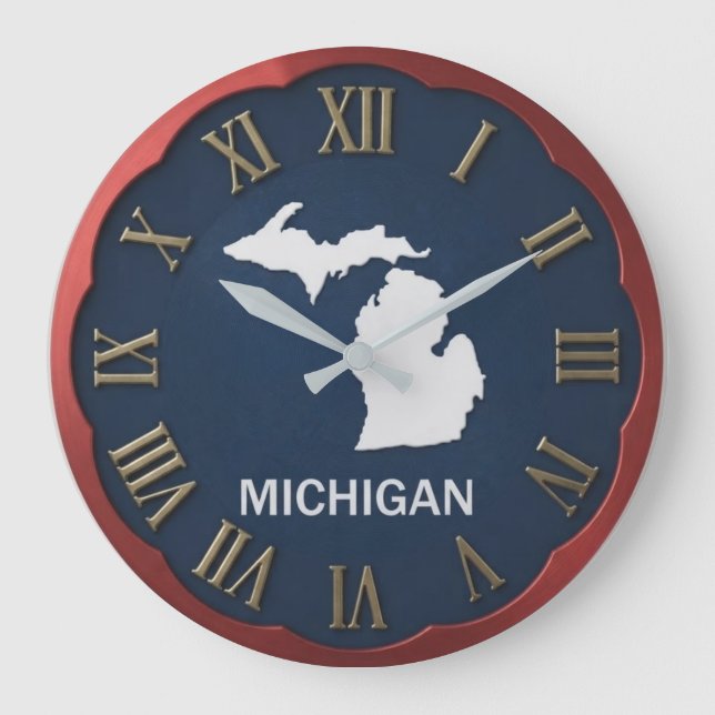 Michigan State Map Scalloped Red Bezel  Stor Klocka (Framsida)