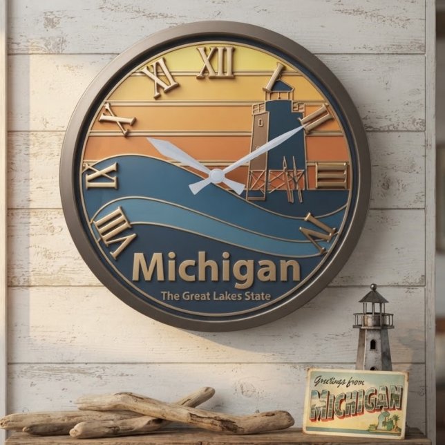 Michigan Sunset and Lighthouse Retro Waves Stor Klocka (Skapare uppladdad)
