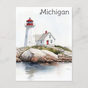 Michigan Underbar Sjöar Lighthouse Watercolor Trav Vykort