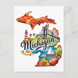 Michigan USA Delstat Formad Vintage Vattenfärg Vykort