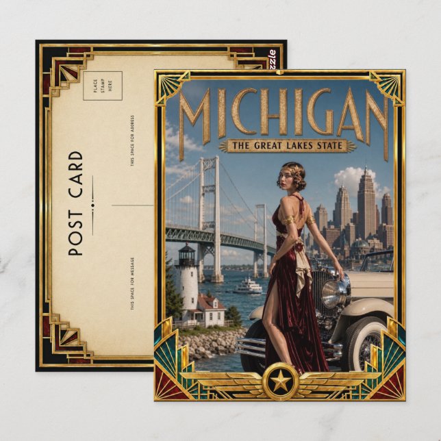 Michigan Vintage Art Deco-guldåldern Vykort (Fram/baksida)
